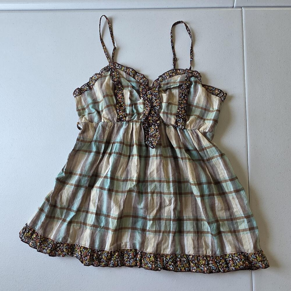 Y2K Mossimo Tank Top Small Multicolor Plaid Ruffle Babydoll Cami TVD Bella Swan